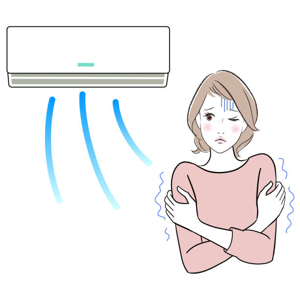 エアコンが強すぎるので、女性は冷たく感じる - 冷気点のイラスト素材／クリップアート素材／マンガ素材／アイコン素材