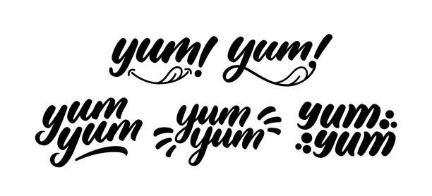 ilustraciones, imágenes clip art, dibujos animados e iconos de stock de yum yum palabras establecidas. - comida gourmet