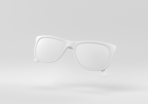 White Glasses floating in white background. minimal concept idea creative. monochrome. 3D render.