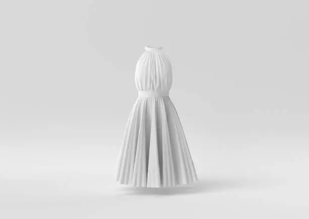 White Dress in white background. minimal concept idea creative. monochrome. 3D render.