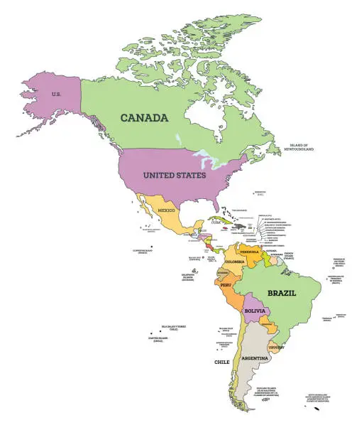Vector illustration of South and North America Political Map in Mercator Projection.