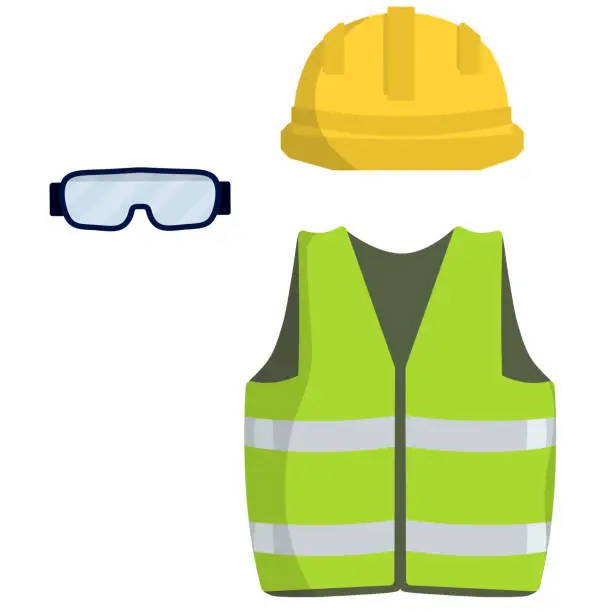 Vector illustration of Clothing of worker and the Builder. Green uniform, glasses and yellow helmet