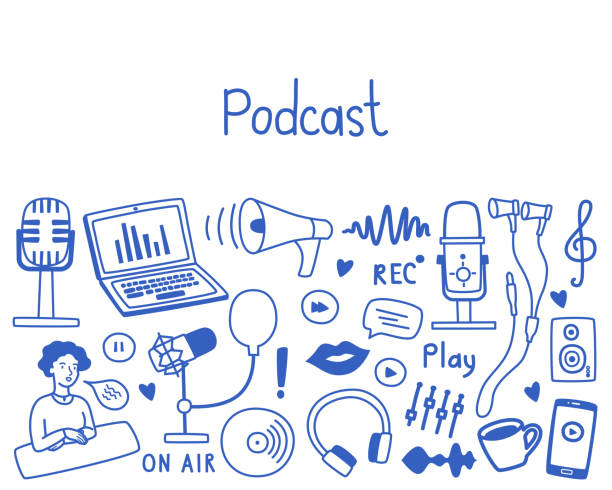 Podcast banner with copy space, various microphones, equipment, headphones, audio, sound images. Vector template in doodle style. Podcast banner with copy space, various microphones, equipment, headphones, audio, sound images. Vector template in doodle style, for websites, advertisement and flyers. radio drawings stock illustrations