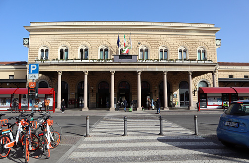 Bologna - Italy - February 20, 2021: Main entrance of Bologna Central Railway Station.