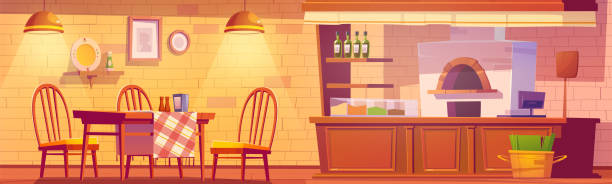 Pizzeria or cozy family cafe with oven for pizza Pizzeria or cozy family cafe interior with oven for pizza, cashier desk, wooden tables and chairs in rustic style. Empty cafeteria with wood furniture, restaurant court. Cartoon vector illustration tablecloth illustrations stock illustrations