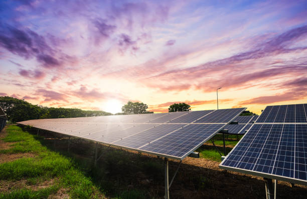 istock Solar panel cell on dramatic sunset sky background,clean Alternative power energy concept. 1310383384