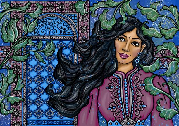 Moroccan woman in traditional kaftan dress with ornamental window Moroccan woman in traditional kaftan dress in house riyad with ornamental window moroccan woman stock illustrations