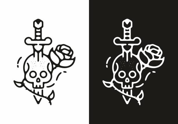 черно-белый череп меч и роза тату иллюстрация де - animal head flash stock illustrations