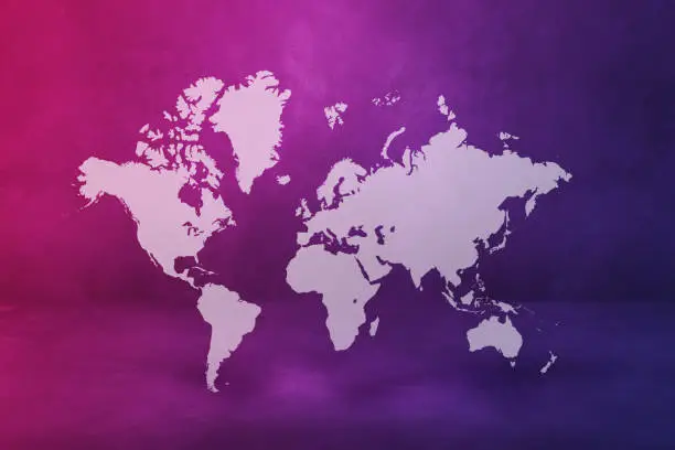 Photo of World map on purple wall background. 3D illustration