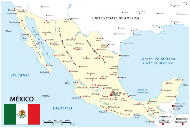 mapa meksyku z granicami narodowymi, głównymi miastami i rzekami - map gulf of mexico cartography usa stock illustrations