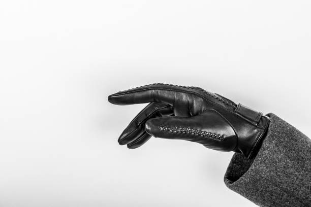 Hand in leather glove pointing at something. stock photo