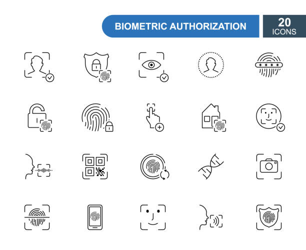 生体認証の細線アイコンのセット。指紋、顔id、音声認識、dna、アイスキャン。アイデンティティ生体認証検証サインのラインアイコン。ベクトル。編集可能ストローク - security code点のイラスト素材／クリップアート素材／マンガ素材／アイコン素材