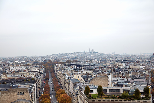 Panoramic view of Paris from Arc de Triomphe, center of Paris.
