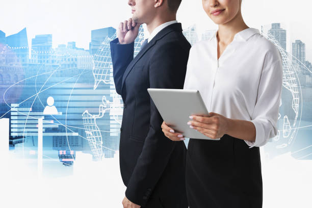 istock Man and woman in city, social network interface 1310397202