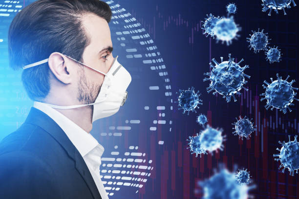 istock Man in protective mask, blue coronavirus and planet 1310397229