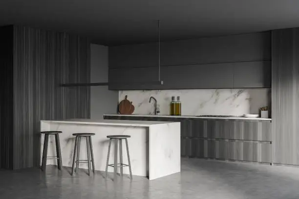 Corner of stylish kitchen with gray and wooden walls, concrete floor and bar counter with stools. 3d rendering