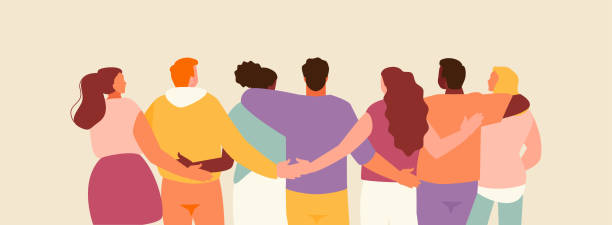 Hugging friends rear view vector Group of hugging friends rear view. Friendship and support vector illustration embracing stock illustrations