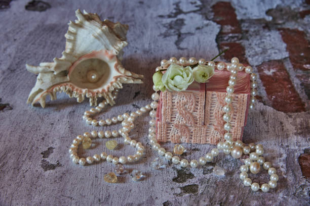 istock Pink handmade soap and pearl beads on a gray background. 1310400066