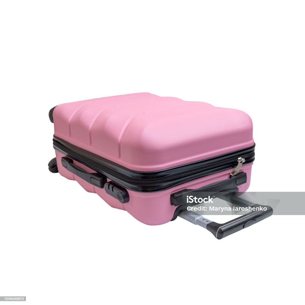 Ð¡hic pink suitcase. Bag for travelers, isolated on white background. Adventure Stock Photo