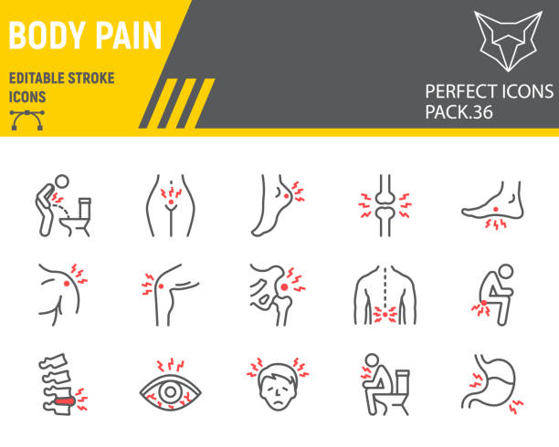 Body pain line icon set, body ache collection, vector graphics, logo illustrations, body pain vector icons, illness signs, outline pictograms, editable stroke. Body pain line icon set, body ache collection, vector graphics, logo illustrations, body pain vector icons, illness signs, outline pictograms, editable stroke back pain stock illustrations