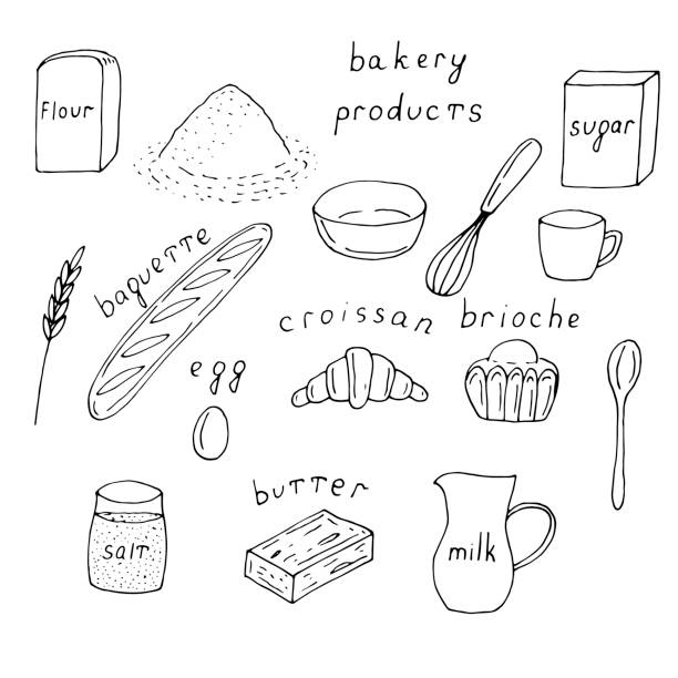 Set of French bakery products, baguette, croissant and brioche and products for their preparation, vector illustration, hand drawing Set of French bakery products baguette croissant and brioche and products for their preparation vector illustration hand drawing food cake tea sketch stock illustrations