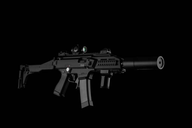 istock Modern automatic rifle isolated on black background. Weapons for police, special forces and the army. A carbine with optical, mechanical sights and a silencer on a dark background. 1310403318
