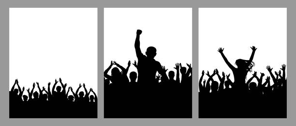 silhouette der menge menschen, satz von vertikalen plakat. applaudierende menschen, jubelnde menge, führer. vektor-illustration - applauding human hand silhouette audience stock-grafiken, -clipart, -cartoons und -symbole