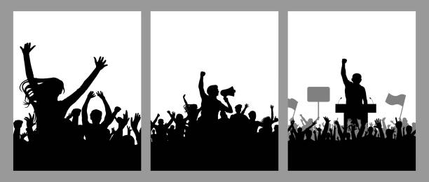 Meeting of crowd people, black silhouette. Speaker and protest and demonstration, set of vertical poster. Vector illustration Meeting of crowd people, black silhouette. Speaker and protest and demonstration, set of vertical poster. Vector illustration megaphone silhouettes stock illustrations