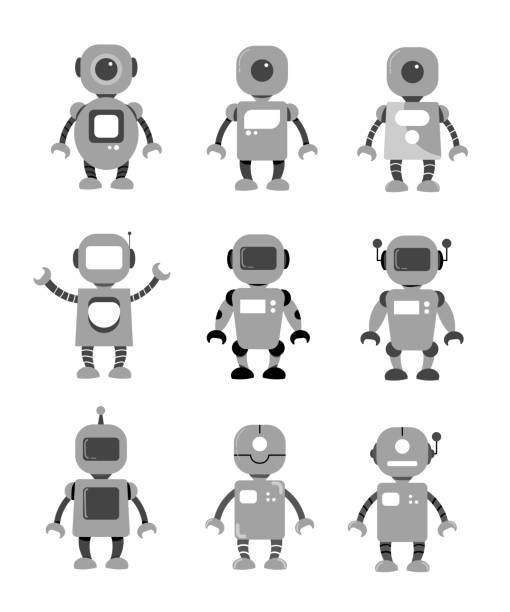 Silver electronic robot characters set. Flat design. Silver electronic robot characters set. Android mascot. Cyborg simple character. Collection of flat robotic characters robot clipart stock illustrations