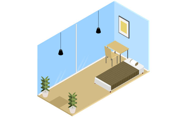 Isometric, guest house room with glass walls Isometric, guest house room with glass walls recessed light stock illustrations