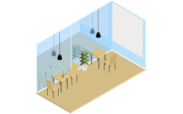 Inside of a wood-style cafe, isometric Inside of a wood-style cafe, isometric recessed light stock illustrations