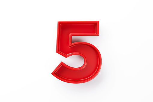 Red number five sitting on white background. Horizontal composition with clipping path and copy space.