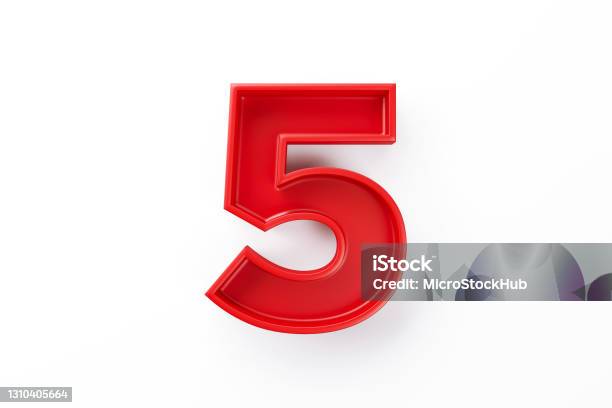 Red Number Five Sitting On White Background Stock Photo - Download Image Now - Number 5, Three Dimensional, Number