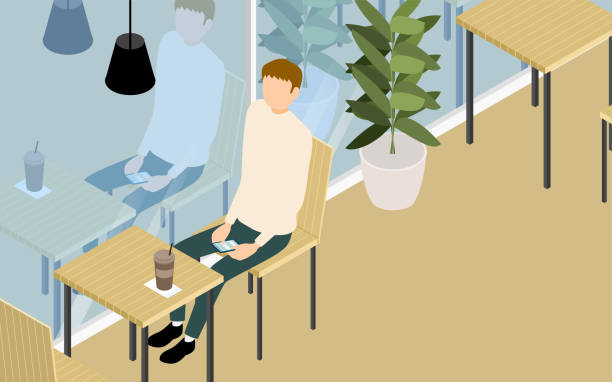 Isometric, a man having tea on the terrace of a wood-style cafe Isometric, a man having tea on the terrace of a wood-style cafe recessed light stock illustrations