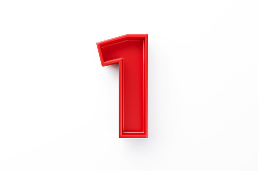 Red number one sitting on white background. Horizontal composition with clipping path and copy space.