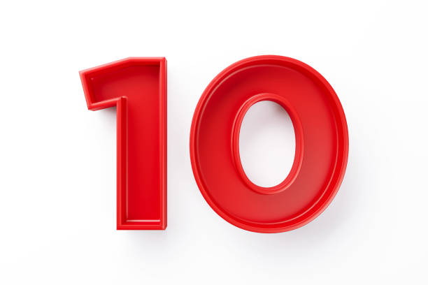 Red Number Ten Sitting On White Background Red number ten sitting on white background. Horizontal composition with clipping path and copy space. number 10 photos stock pictures, royalty-free photos & images