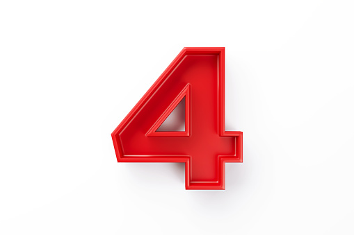 Red number four sitting on white background. Horizontal composition with clipping path and copy space.