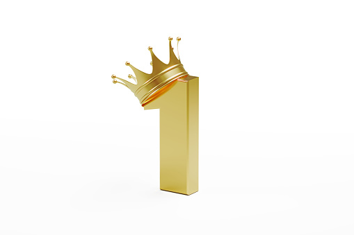 Number one wearing gold crown isolated on white background. Horizontal composition with clipping path and copy space.