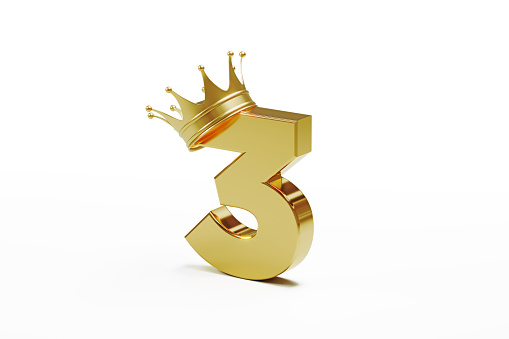 Number three wearing gold crown isolated on white background. Horizontal composition with clipping path and copy space.