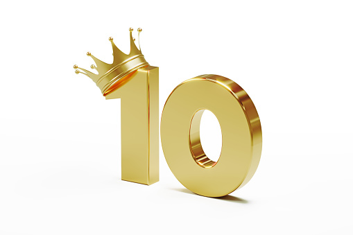 Number ten wearing gold crown isolated on white background. Horizontal composition with clipping path and copy space.