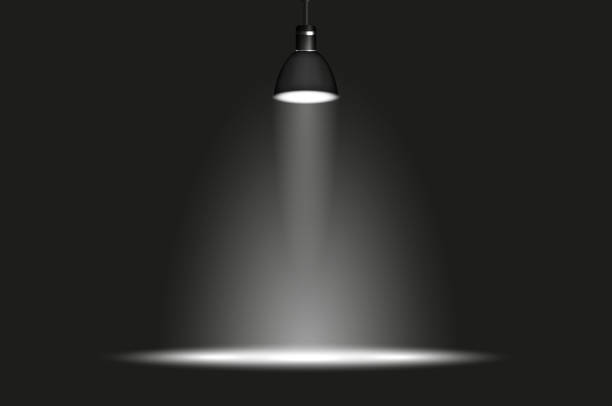 Hanging lamp in dark room. Vector illustration isolated on black Hanging lamp in dark room. Spotlight on a black background. Place for text. Vector illustration isolated on black. house flood light stock illustrations