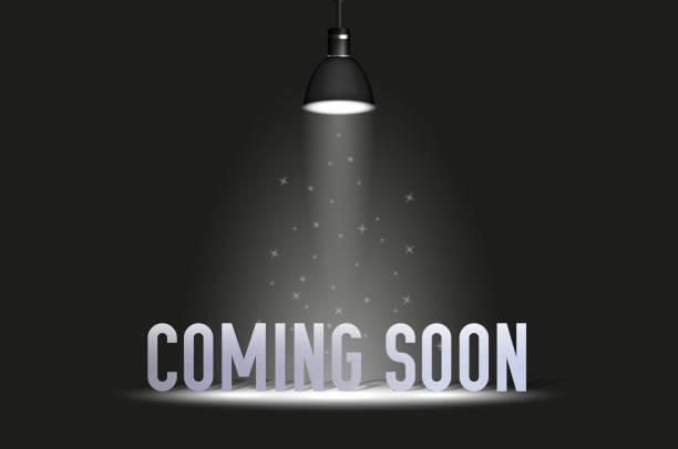 ilustrações de stock, clip art, desenhos animados e ícones de coming soon text under spotlight. vector illustration isolated on black - three dimensional shiny business retail