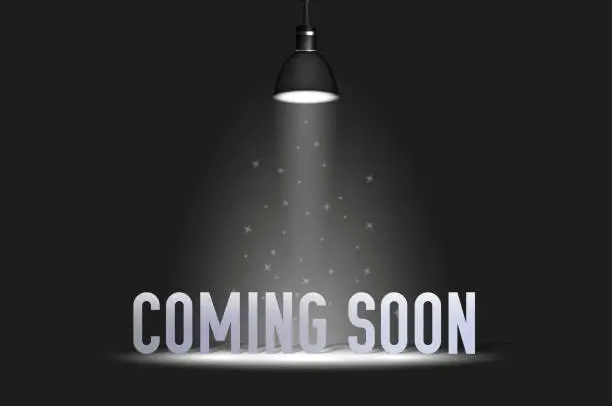 Vector illustration of Coming soon text under spotlight. Vector illustration isolated on black