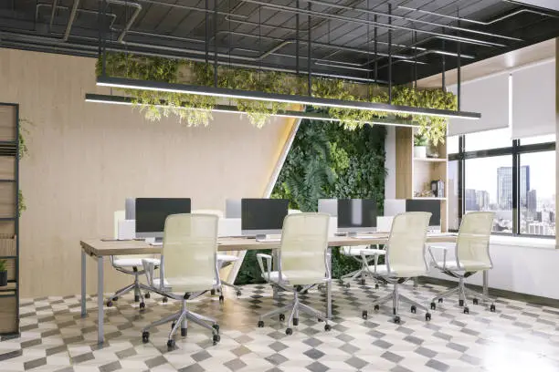 Interior of a modern office with plants,