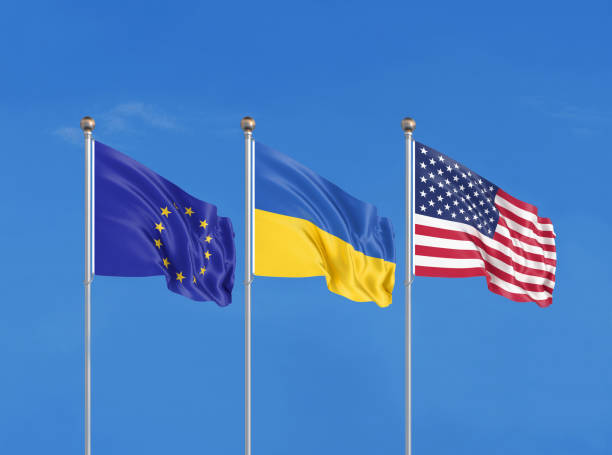 istock Three flags. USA (United States of America), EU (European Union) and Ukraine. 3D illustration. 1310410647