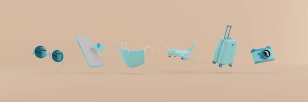 istock 3d flat traveling accessories with face mask. 1310410671