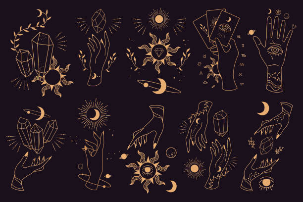 Big set of magic and astrological symbols. Hand poses. Mystical signs, silhouettes, zodiac signs, tarot cards. Vector illustration. Witchcraft art. Stickers, banner, decorations. Esoteric aesthetics. Big set of magic and astrological symbols. Hand poses. Mystical signs, silhouettes, zodiac signs, tarot cards. Vector illustration. Witchcraft art. Stickers, banner, decorations. Esoteric aesthetics. tarot cards stock illustrations