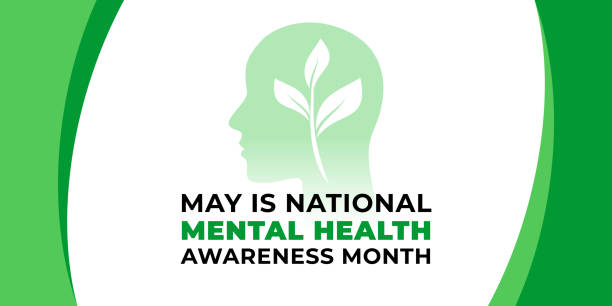National mental health awareness month. Vector web banner for social media, poster, card, flyer. Text National mental health awareness month, May. Human head, a plant with leaves on white background. National mental health awareness month. Vector web banner for social media, poster, card, flyer. Text National mental health awareness month, May. Human head, a plant with leaves on white background hysteria stock illustrations