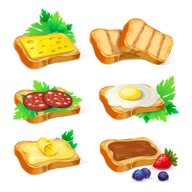 ilustraciones, imágenes clip art, dibujos animados e iconos de stock de conjunto de diferentes tostadas con varios ingredientes aislados en blanco. colección de sándwiches de trigo ilustración vectorial. pan tostado con mantequilla, huevos fritos, queso, chocolada, salchicha para el diseño. - sandwich ham white background lunch