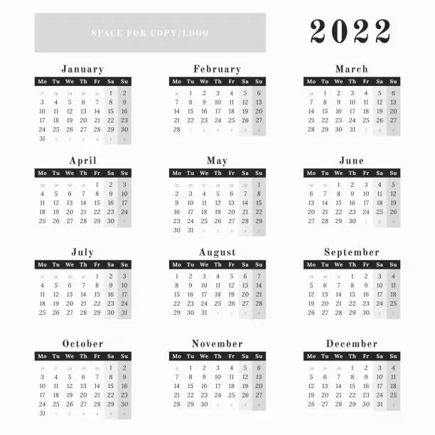 Vector illustration of Square format Celandar for year 2022 in neutral black and white design